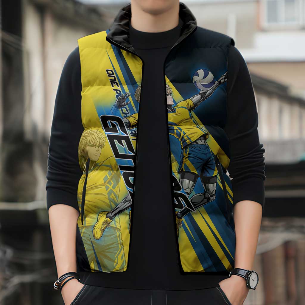 Personalized Genos Volleyball Design Sleeveless Puffer Jacket with Yellow and Blue Athletic Theme and Dynamic Spike Pose