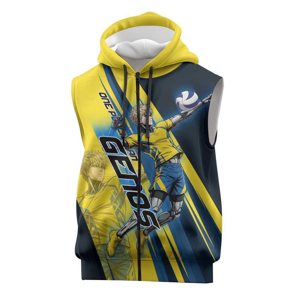 Personalized Genos Volleyball Design Sleeveless Zip Hoodie with Yellow and Blue Athletic Theme and Dynamic Spike Pose