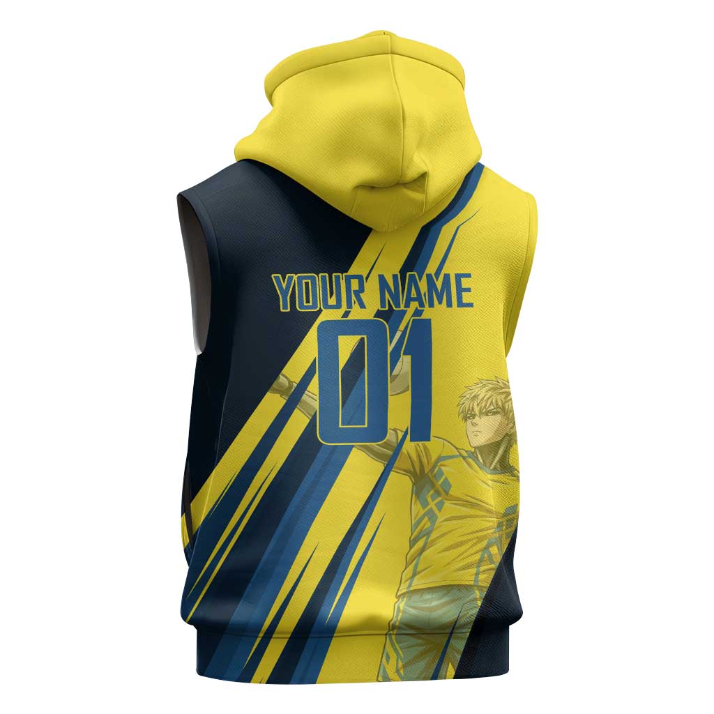 Personalized Genos Volleyball Design Sleeveless Zip Hoodie with Yellow and Blue Athletic Theme and Dynamic Spike Pose