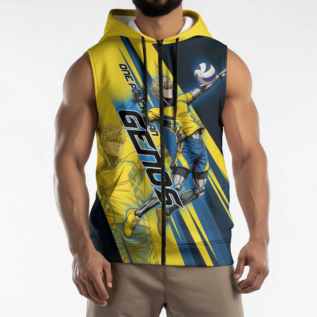 Personalized Genos Volleyball Design Sleeveless Zip Hoodie with Yellow and Blue Athletic Theme and Dynamic Spike Pose