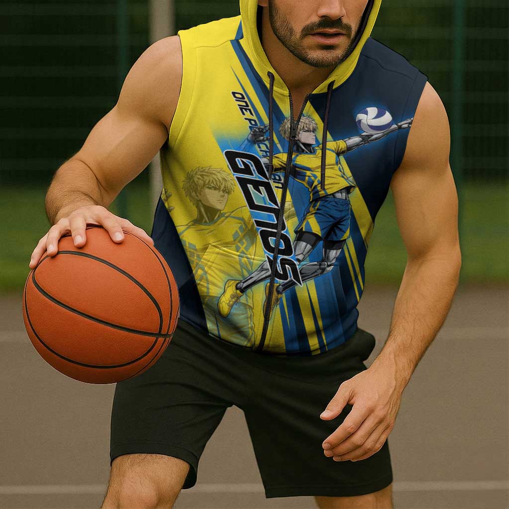Personalized Genos Volleyball Design Sleeveless Zip Hoodie with Yellow and Blue Athletic Theme and Dynamic Spike Pose