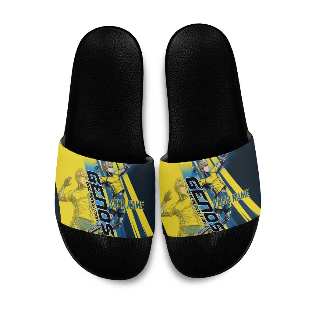 Personalized Genos Volleyball Design Slide Sandals with Yellow and Blue Athletic Theme and Dynamic Spike Pose