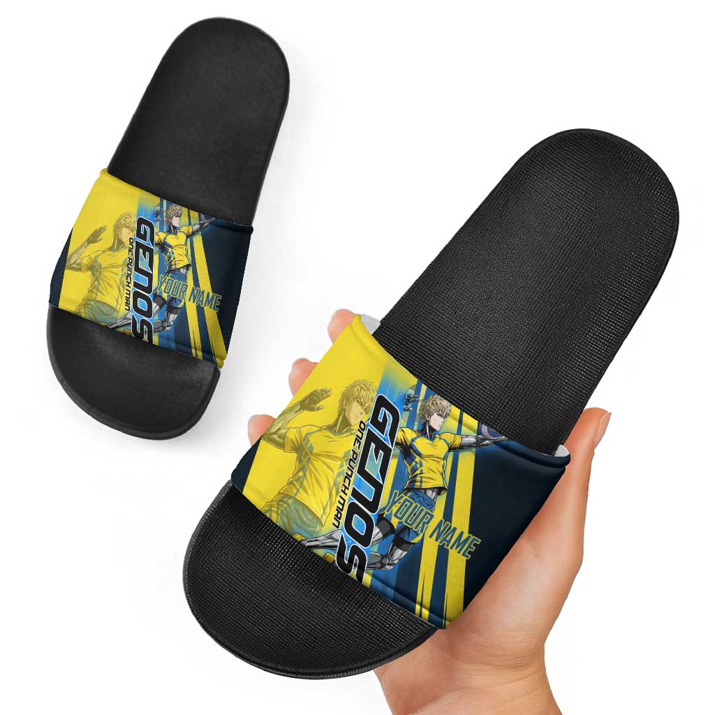 Personalized Genos Volleyball Design Slide Sandals with Yellow and Blue Athletic Theme and Dynamic Spike Pose