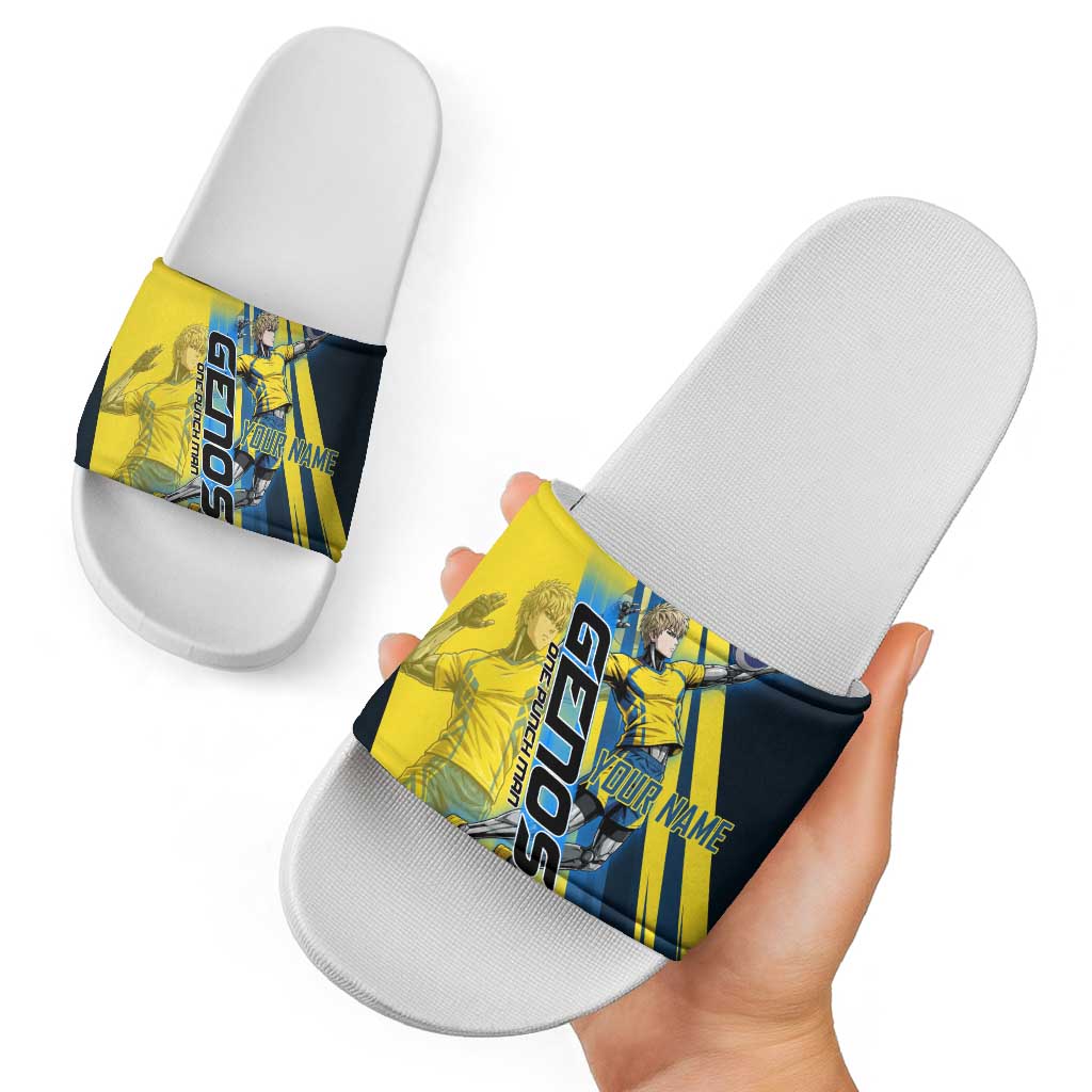 Personalized Genos Volleyball Design Slide Sandals with Yellow and Blue Athletic Theme and Dynamic Spike Pose