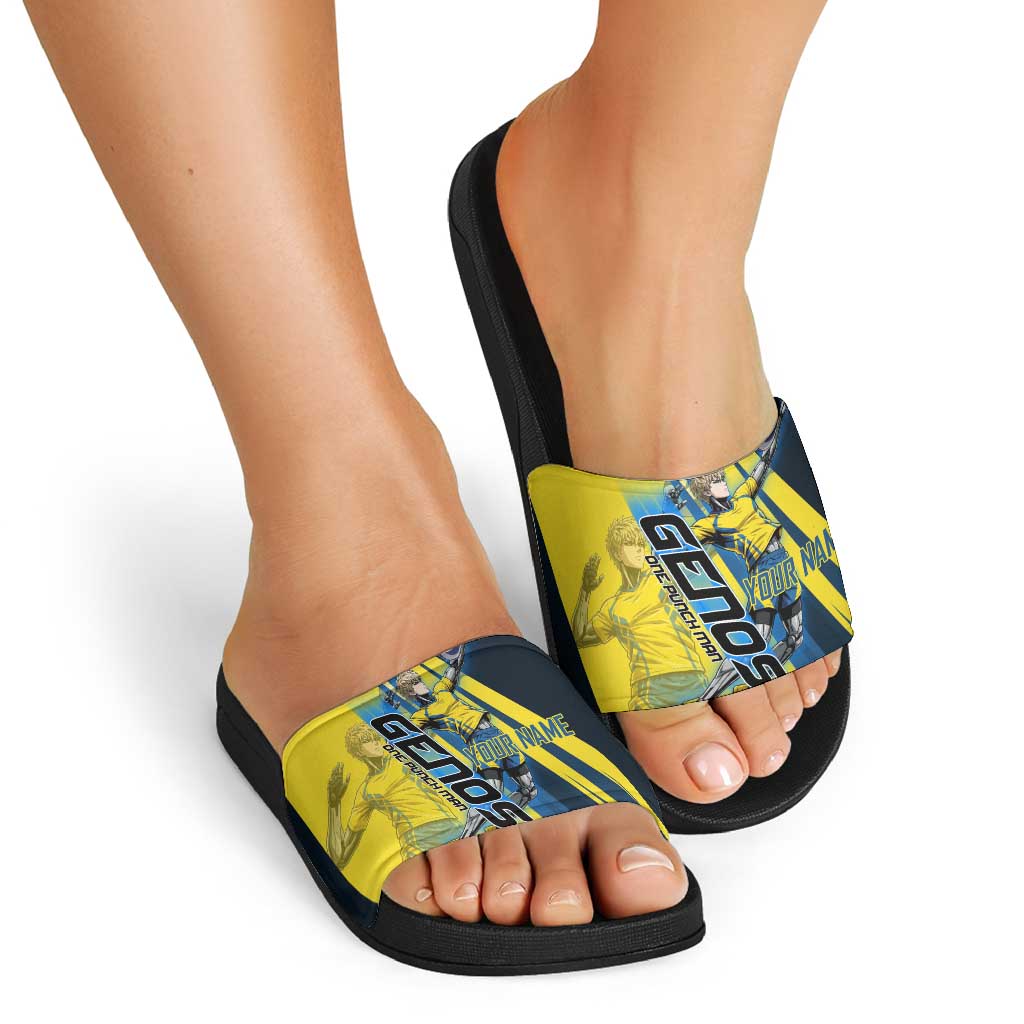 Personalized Genos Volleyball Design Slide Sandals with Yellow and Blue Athletic Theme and Dynamic Spike Pose
