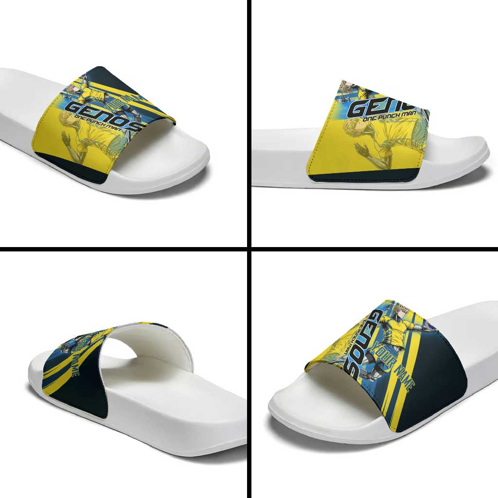Personalized Genos Volleyball Design Slide Sandals with Yellow and Blue Athletic Theme and Dynamic Spike Pose