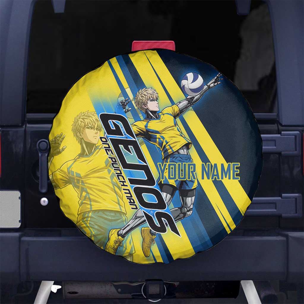 Personalized Genos Volleyball Design Spare Tire Cover with Yellow and Blue Athletic Theme and Dynamic Spike Pose