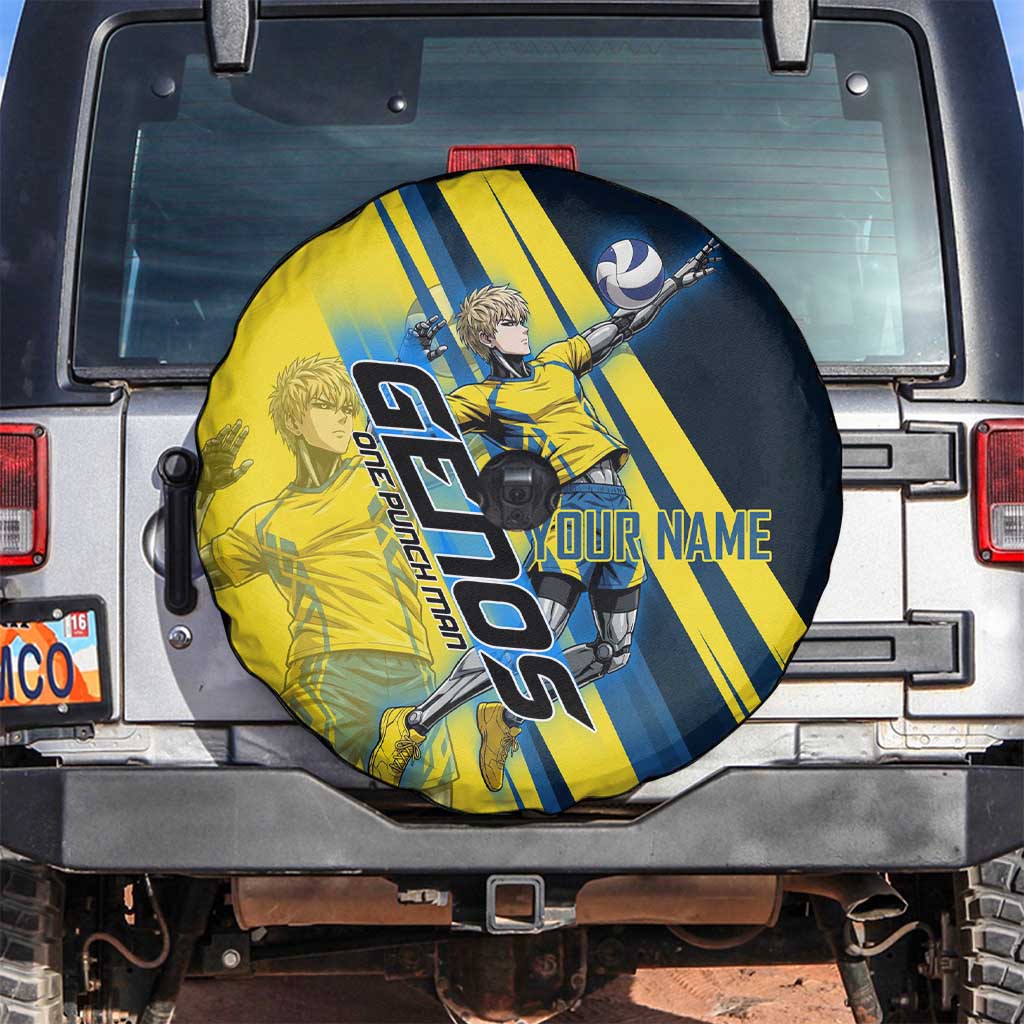 Personalized Genos Volleyball Design Spare Tire Cover with Yellow and Blue Athletic Theme and Dynamic Spike Pose