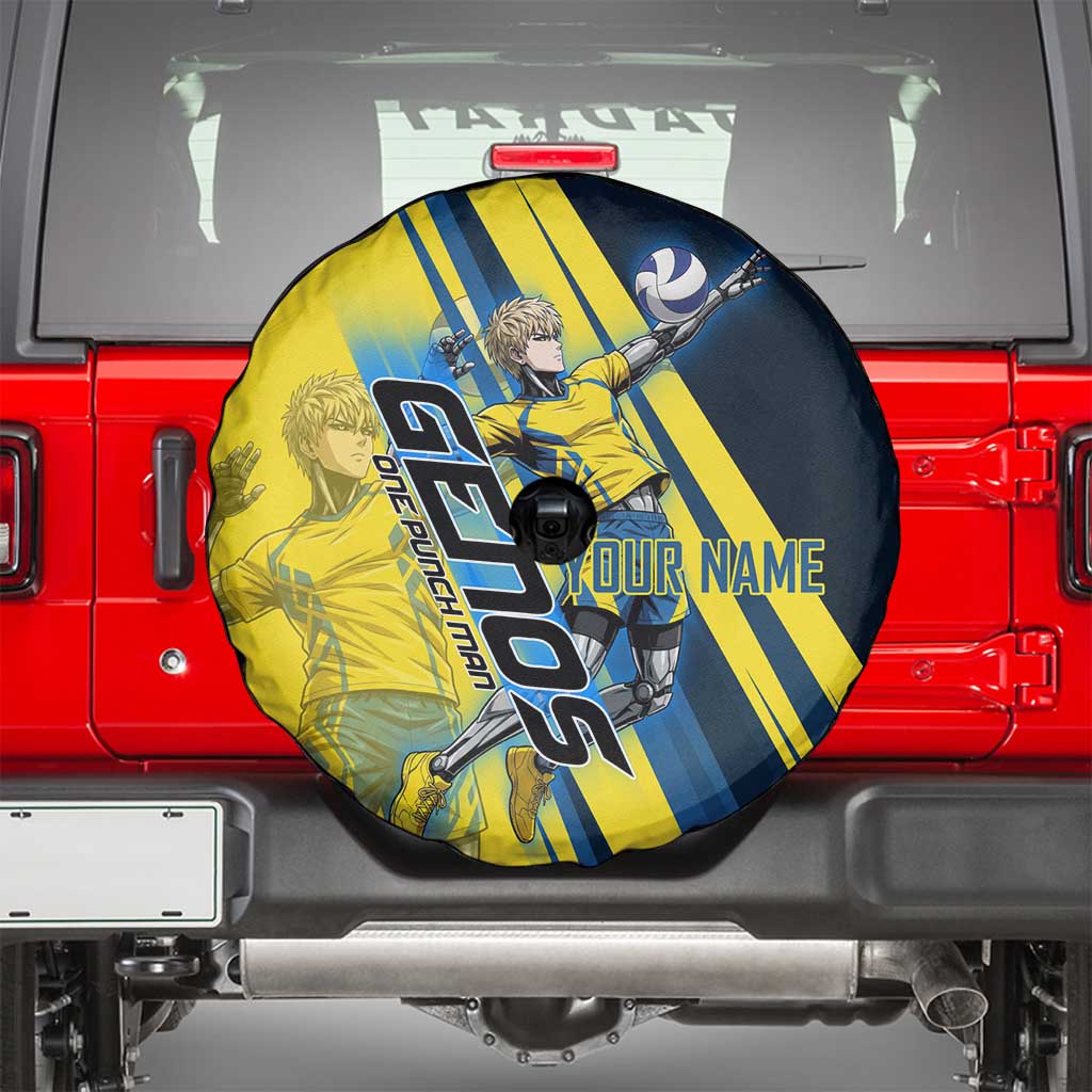 Personalized Genos Volleyball Design Spare Tire Cover with Yellow and Blue Athletic Theme and Dynamic Spike Pose