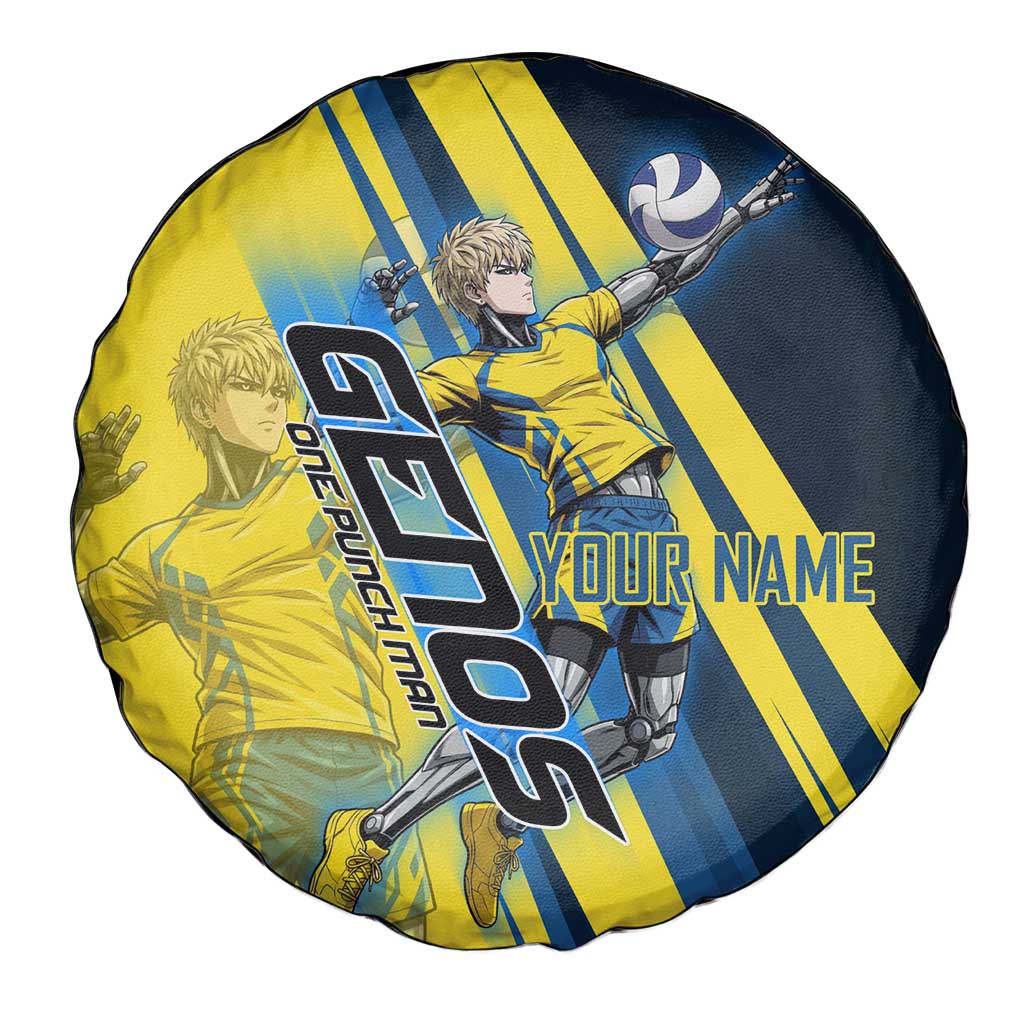 Personalized Genos Volleyball Design Spare Tire Cover with Yellow and Blue Athletic Theme and Dynamic Spike Pose