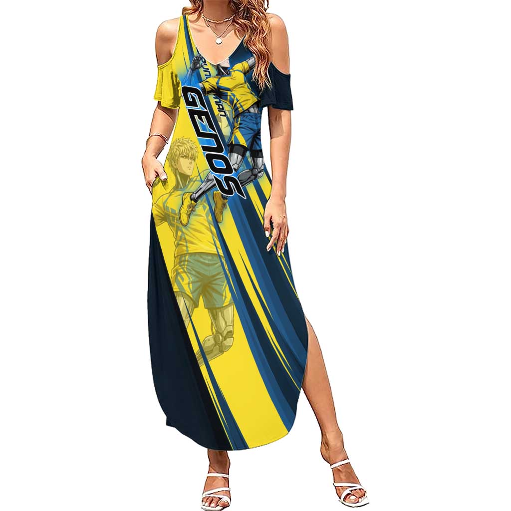 Personalized Genos Volleyball Design Summer Maxi Dress with Yellow and Blue Athletic Theme and Dynamic Spike Pose