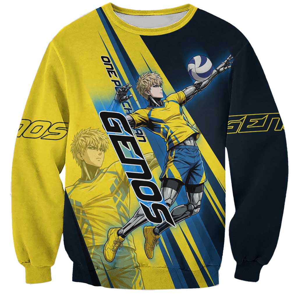 Personalized Genos Volleyball Design Sweatshirt with Yellow and Blue Athletic Theme and Dynamic Spike Pose