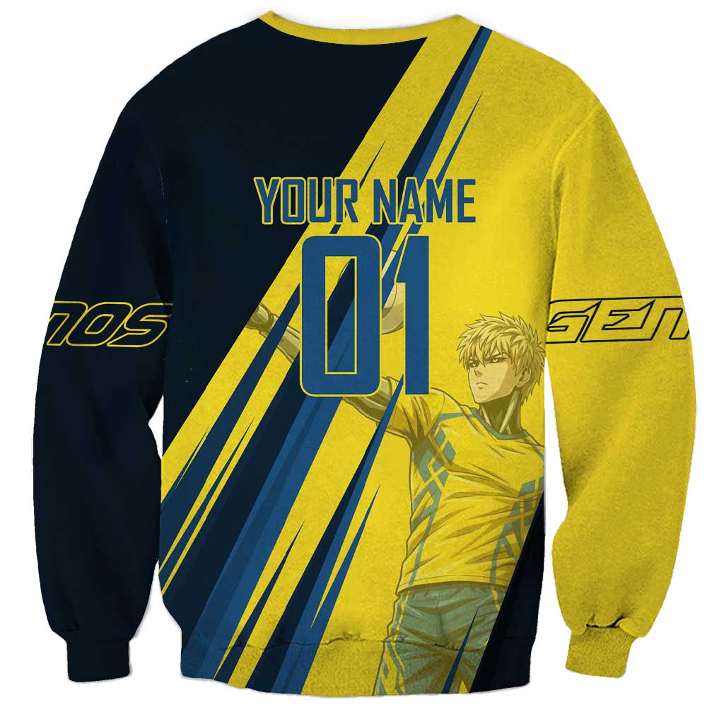 Personalized Genos Volleyball Design Sweatshirt with Yellow and Blue Athletic Theme and Dynamic Spike Pose