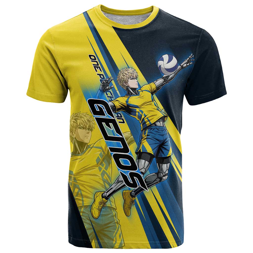 Personalized Genos Volleyball Design T Shirt with Yellow and Blue Athletic Theme and Dynamic Spike Pose