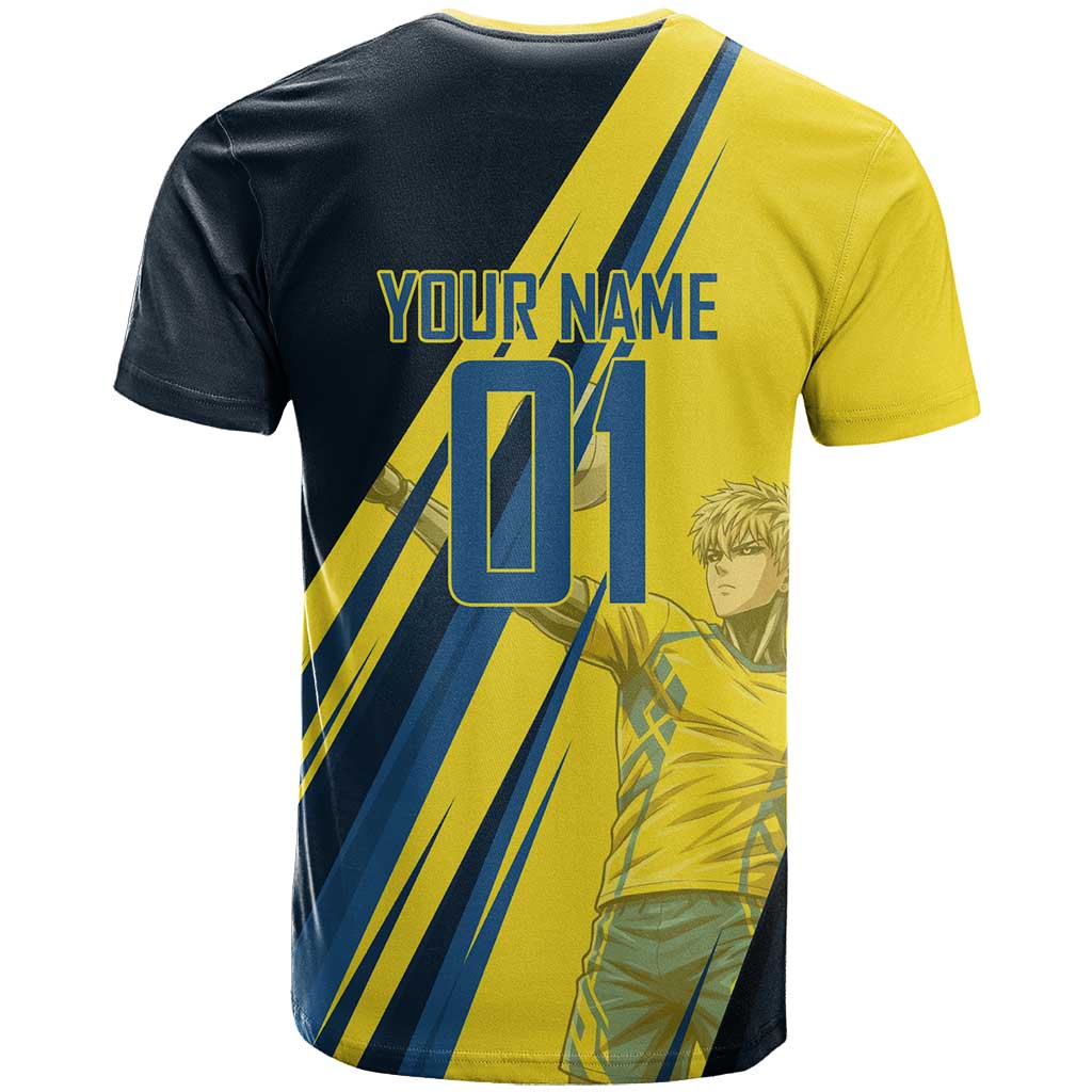Personalized Genos Volleyball Design T Shirt with Yellow and Blue Athletic Theme and Dynamic Spike Pose
