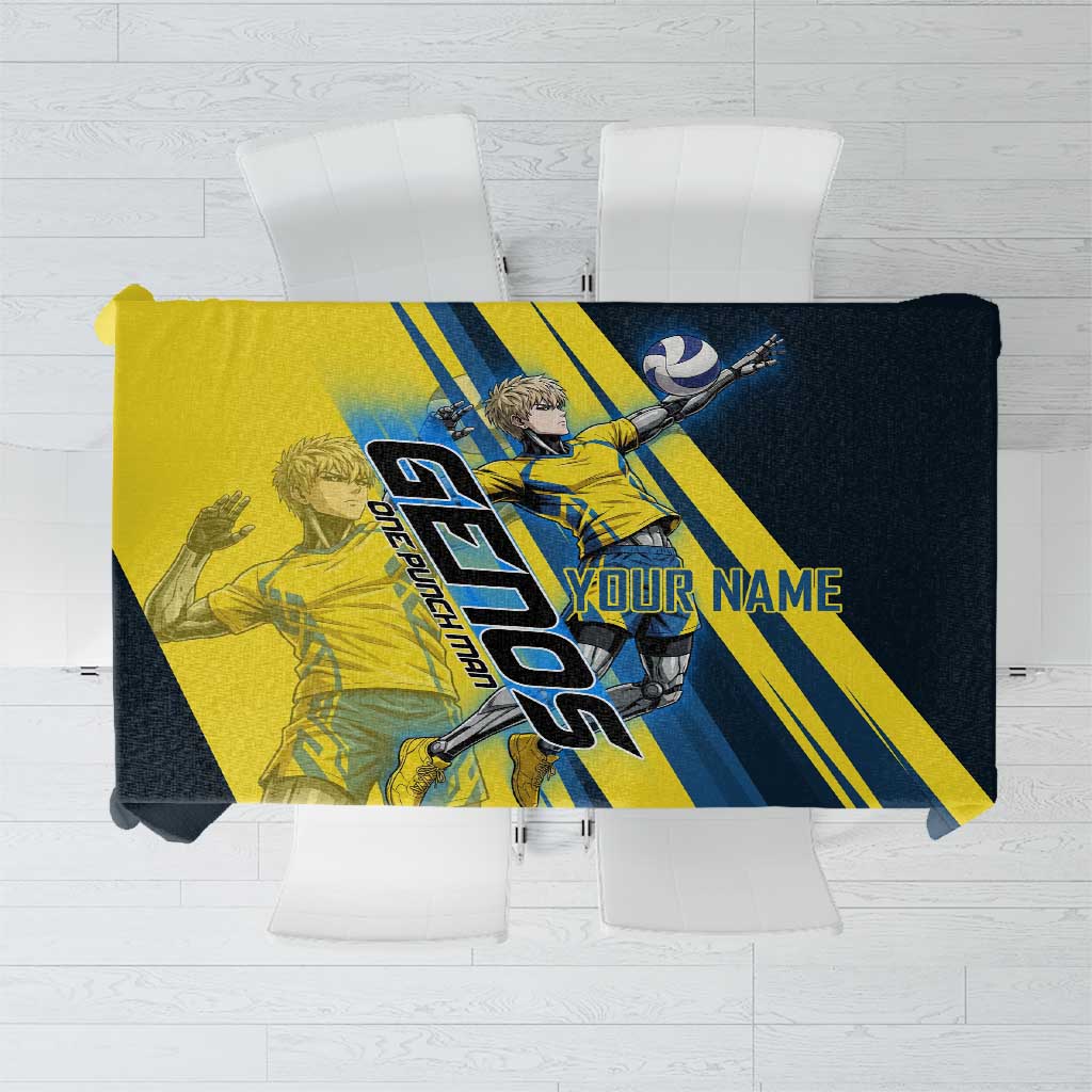 Personalized Genos Volleyball Design Tablecloth with Yellow and Blue Athletic Theme and Dynamic Spike Pose
