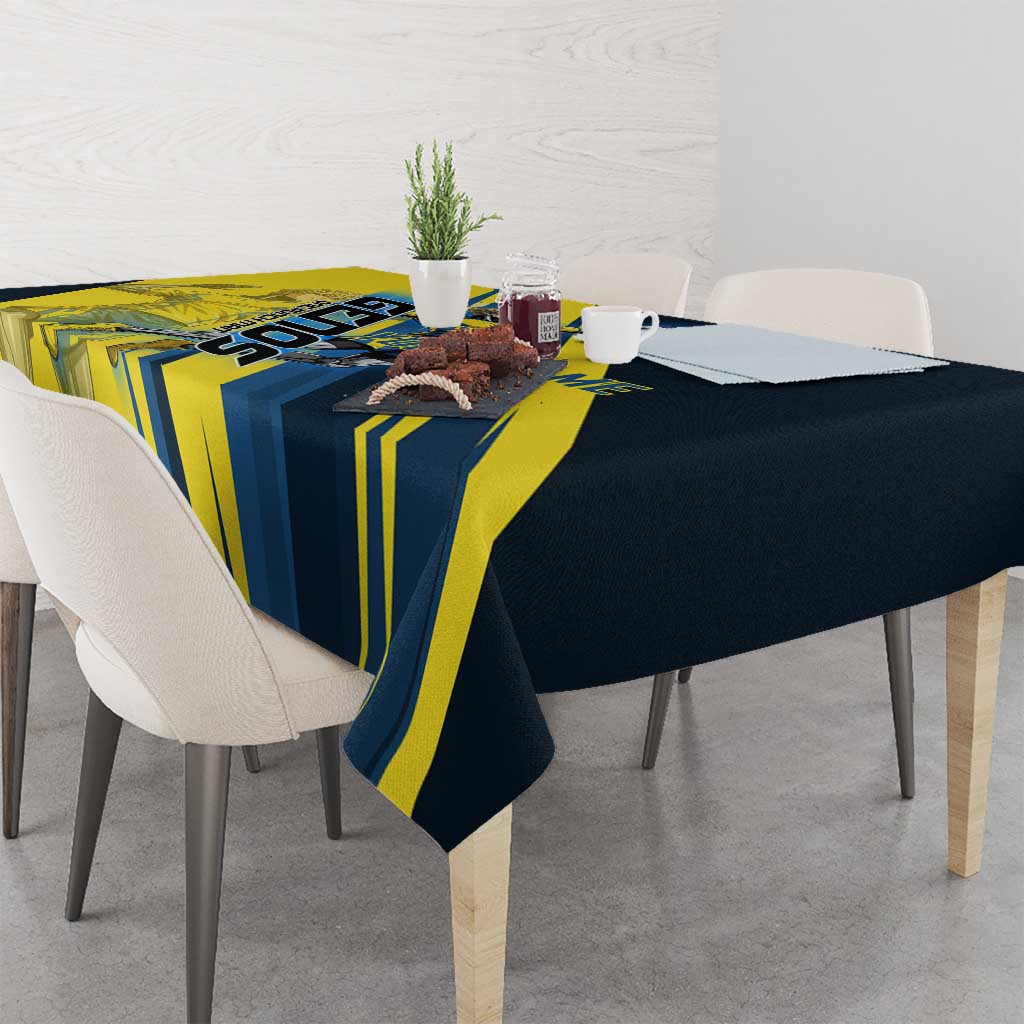 Personalized Genos Volleyball Design Tablecloth with Yellow and Blue Athletic Theme and Dynamic Spike Pose