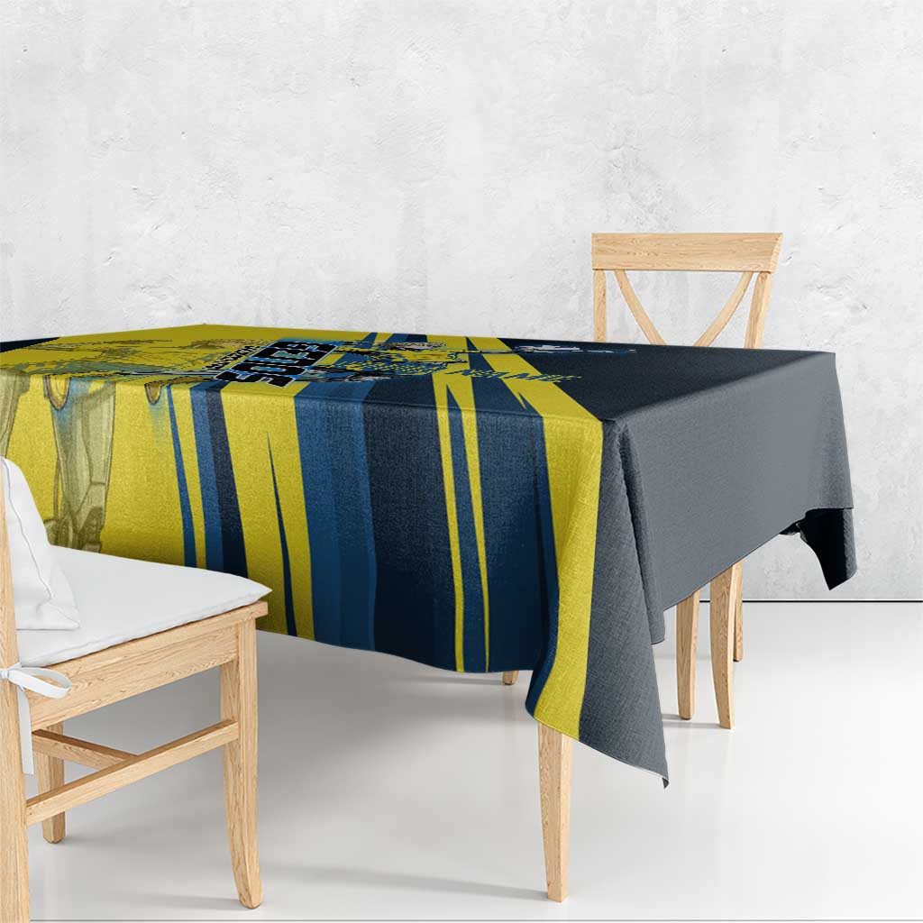 Personalized Genos Volleyball Design Tablecloth with Yellow and Blue Athletic Theme and Dynamic Spike Pose