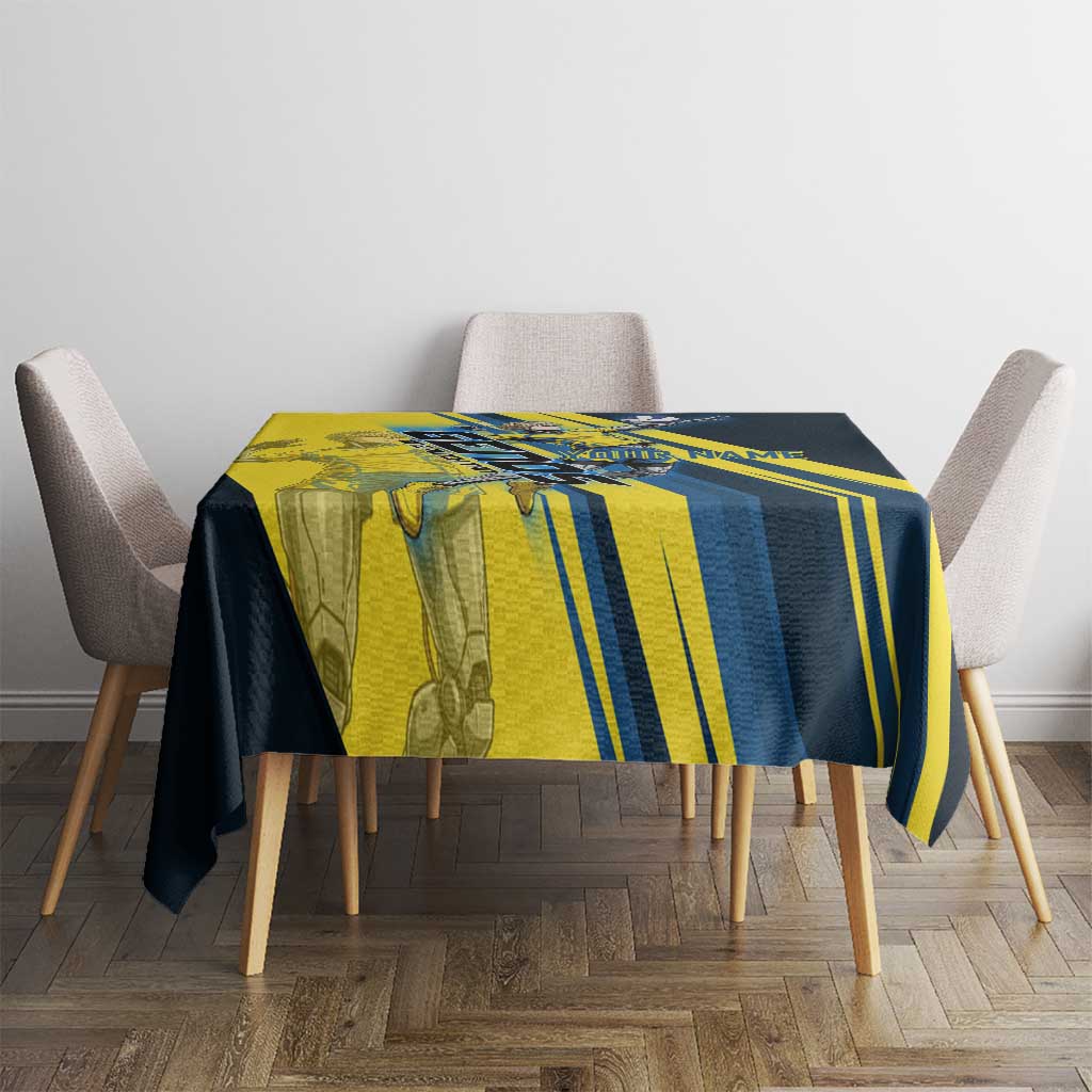 Personalized Genos Volleyball Design Tablecloth with Yellow and Blue Athletic Theme and Dynamic Spike Pose