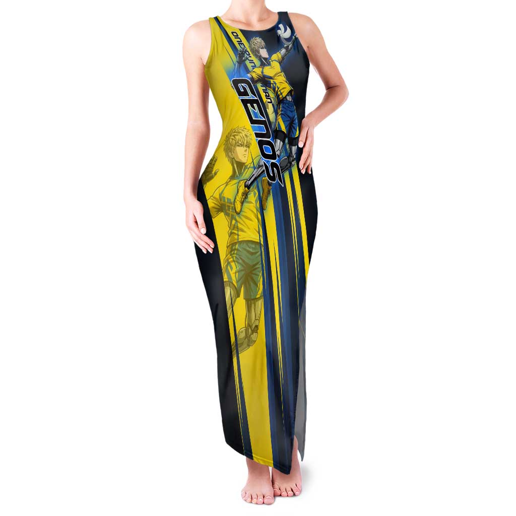 Personalized Genos Volleyball Design Tank Maxi Dress with Yellow and Blue Athletic Theme and Dynamic Spike Pose