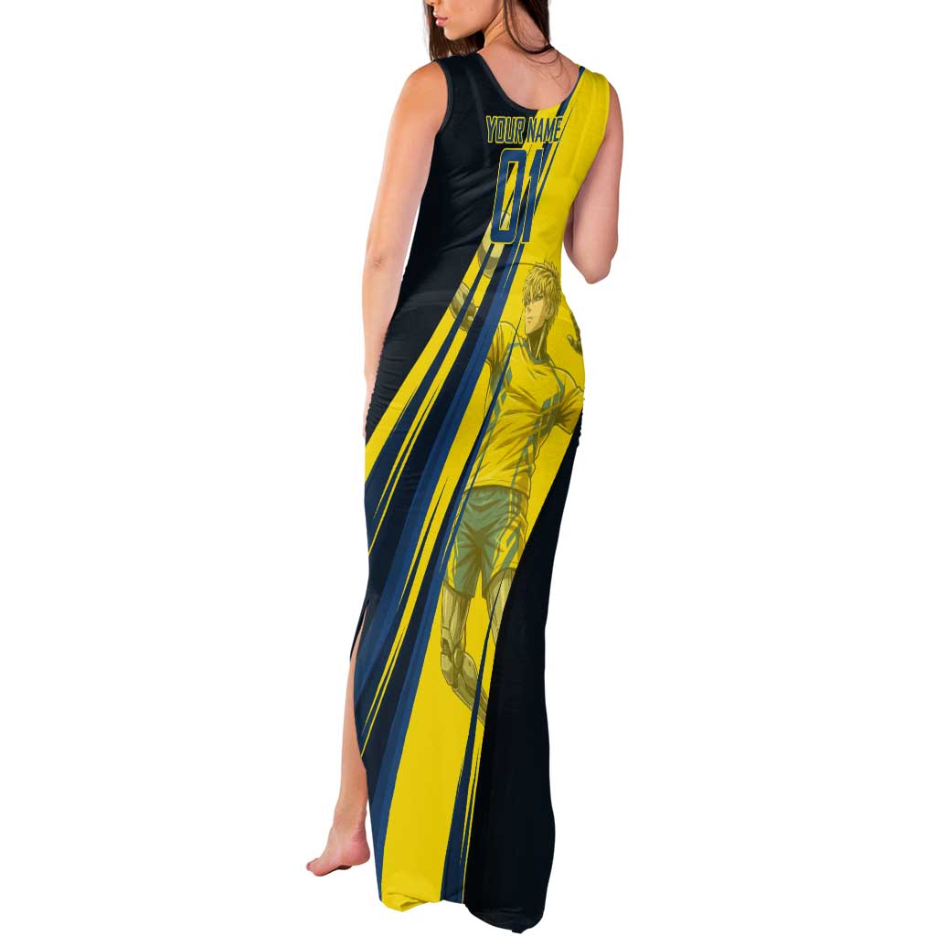 Personalized Genos Volleyball Design Tank Maxi Dress with Yellow and Blue Athletic Theme and Dynamic Spike Pose