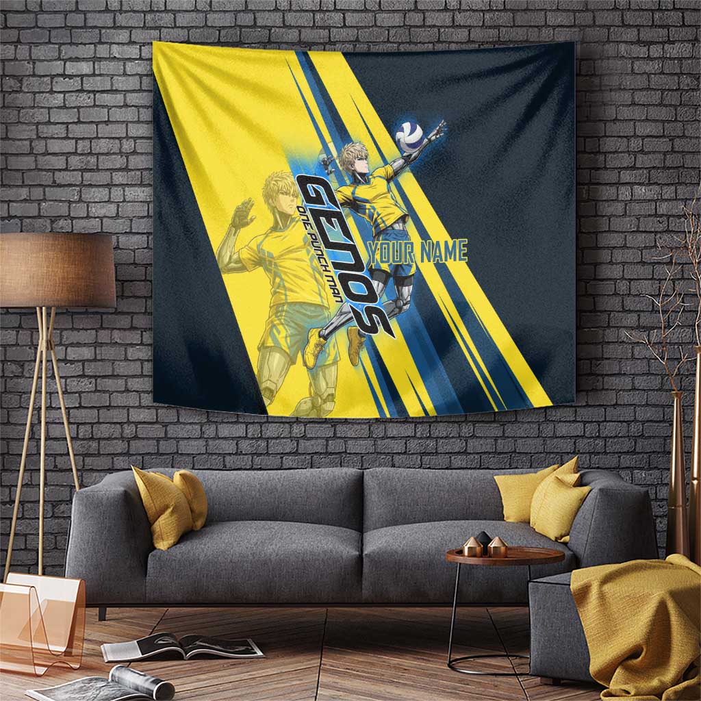 Personalized Genos Volleyball Design Tapestry with Yellow and Blue Athletic Theme and Dynamic Spike Pose