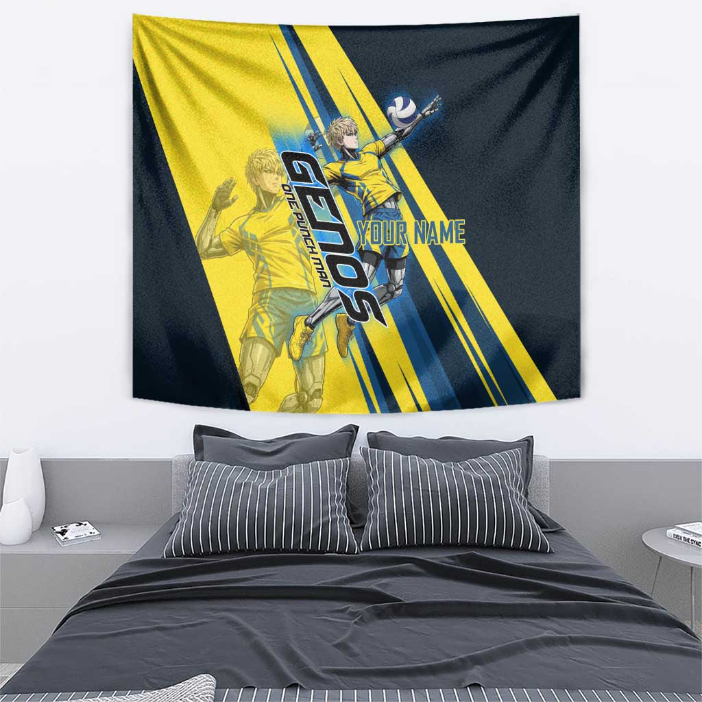Personalized Genos Volleyball Design Tapestry with Yellow and Blue Athletic Theme and Dynamic Spike Pose