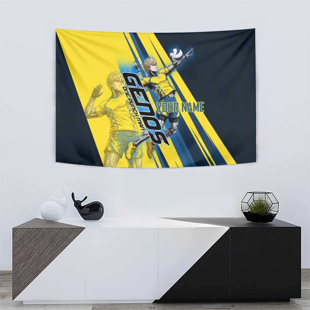 Personalized Genos Volleyball Design Tapestry with Yellow and Blue Athletic Theme and Dynamic Spike Pose