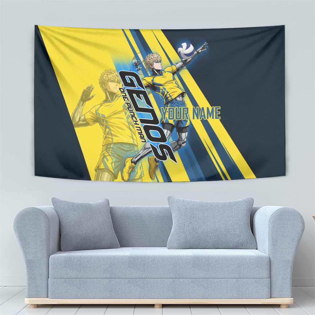Personalized Genos Volleyball Design Tapestry with Yellow and Blue Athletic Theme and Dynamic Spike Pose