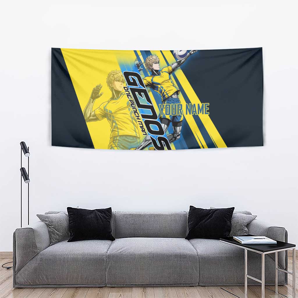 Personalized Genos Volleyball Design Tapestry with Yellow and Blue Athletic Theme and Dynamic Spike Pose