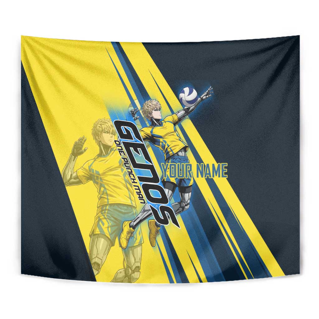 Personalized Genos Volleyball Design Tapestry with Yellow and Blue Athletic Theme and Dynamic Spike Pose