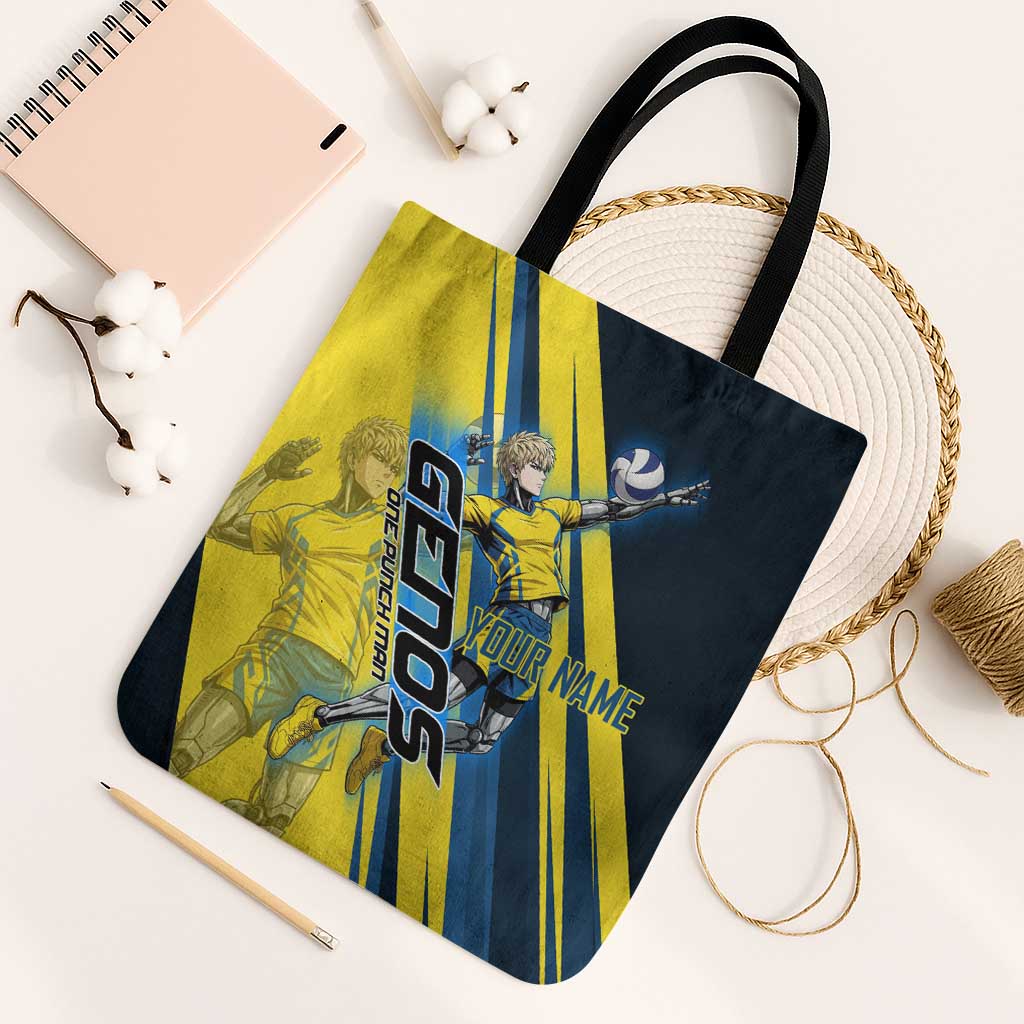 Personalized Genos Volleyball Design Tote Bag with Yellow and Blue Athletic Theme and Dynamic Spike Pose