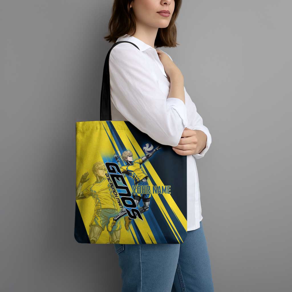 Personalized Genos Volleyball Design Tote Bag with Yellow and Blue Athletic Theme and Dynamic Spike Pose