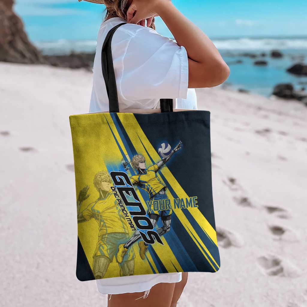 Personalized Genos Volleyball Design Tote Bag with Yellow and Blue Athletic Theme and Dynamic Spike Pose