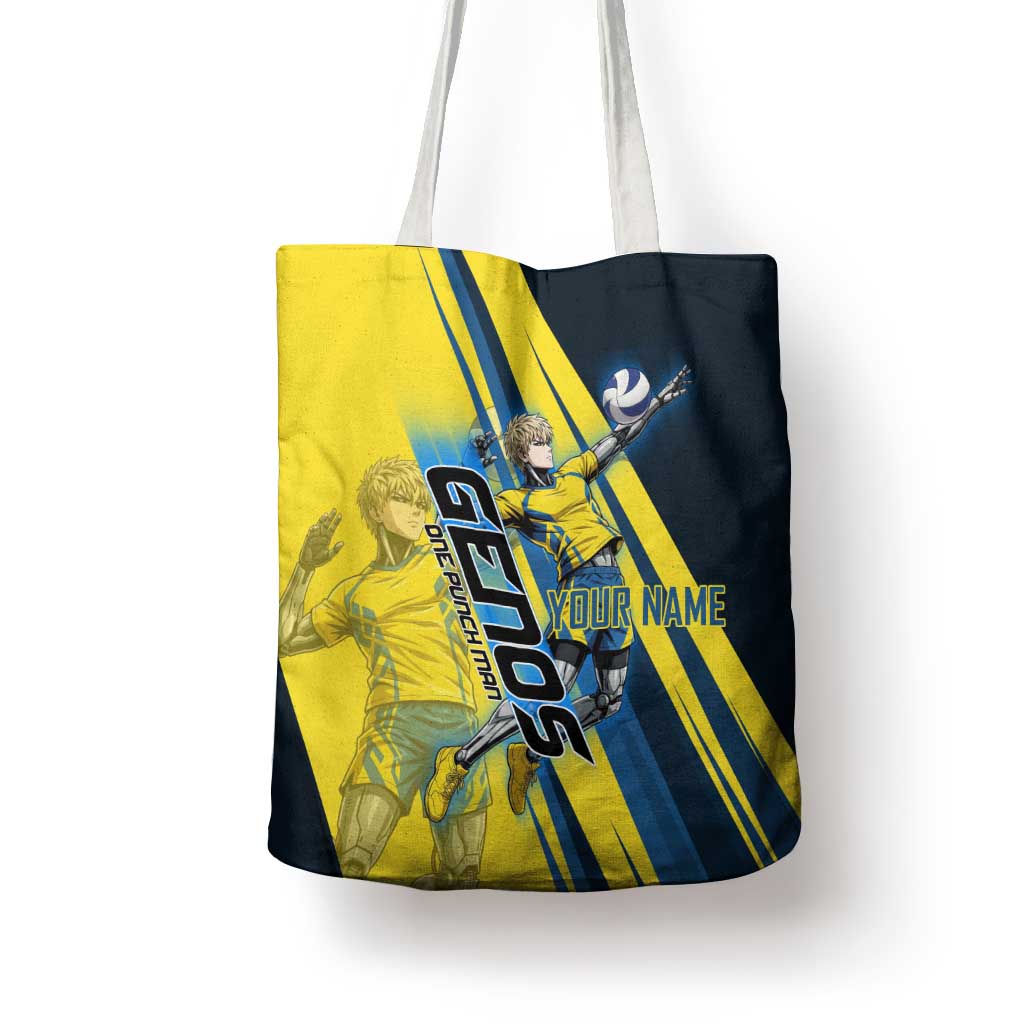 Personalized Genos Volleyball Design Tote Bag with Yellow and Blue Athletic Theme and Dynamic Spike Pose