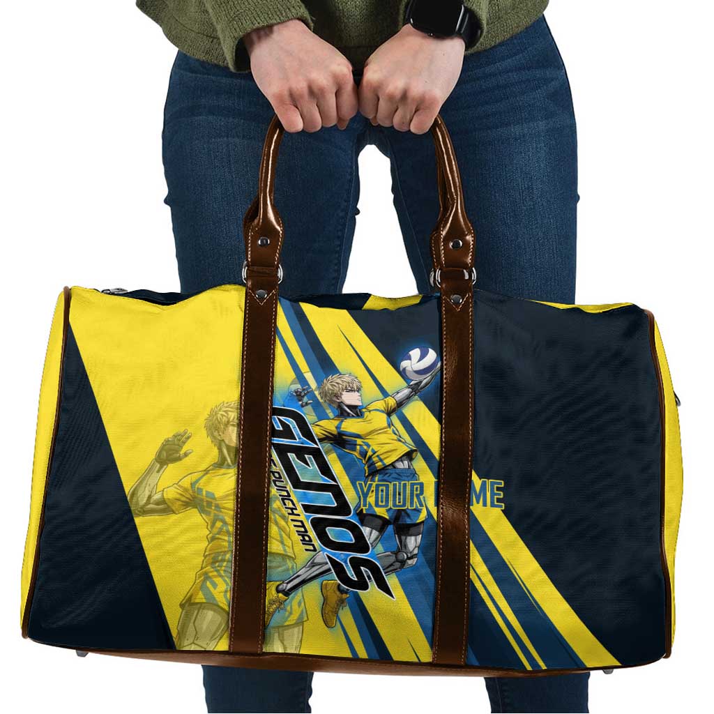 Personalized Genos Volleyball Design Travel Bag with Yellow and Blue Athletic Theme and Dynamic Spike Pose
