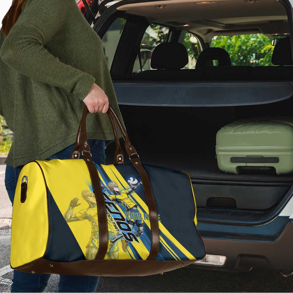 Personalized Genos Volleyball Design Travel Bag with Yellow and Blue Athletic Theme and Dynamic Spike Pose
