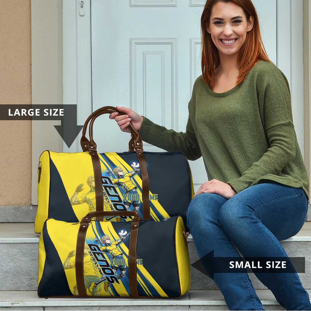 Personalized Genos Volleyball Design Travel Bag with Yellow and Blue Athletic Theme and Dynamic Spike Pose