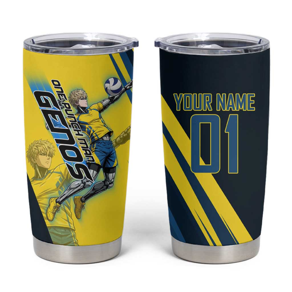 Personalized Genos Volleyball Design Tumbler Cup with Yellow and Blue Athletic Theme and Dynamic Spike Pose