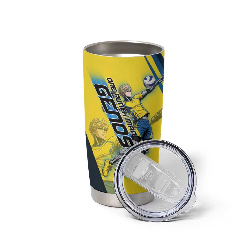 Personalized Genos Volleyball Design Tumbler Cup with Yellow and Blue Athletic Theme and Dynamic Spike Pose