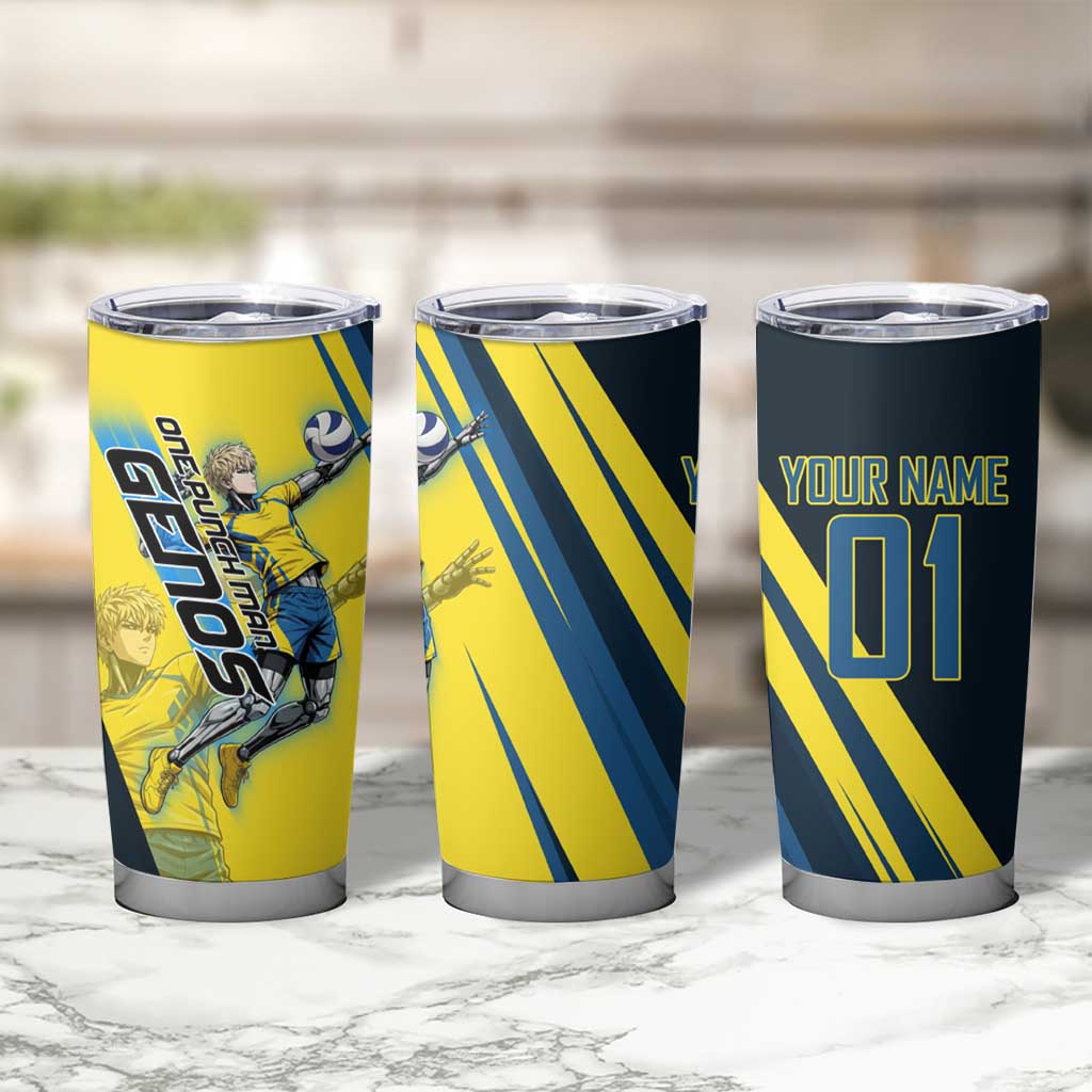 Personalized Genos Volleyball Design Tumbler Cup with Yellow and Blue Athletic Theme and Dynamic Spike Pose