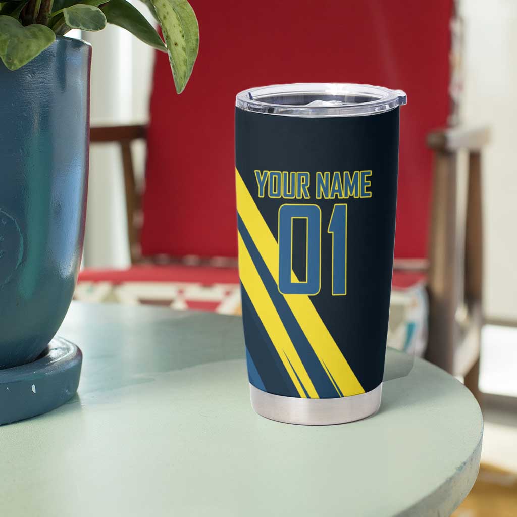 Personalized Genos Volleyball Design Tumbler Cup with Yellow and Blue Athletic Theme and Dynamic Spike Pose