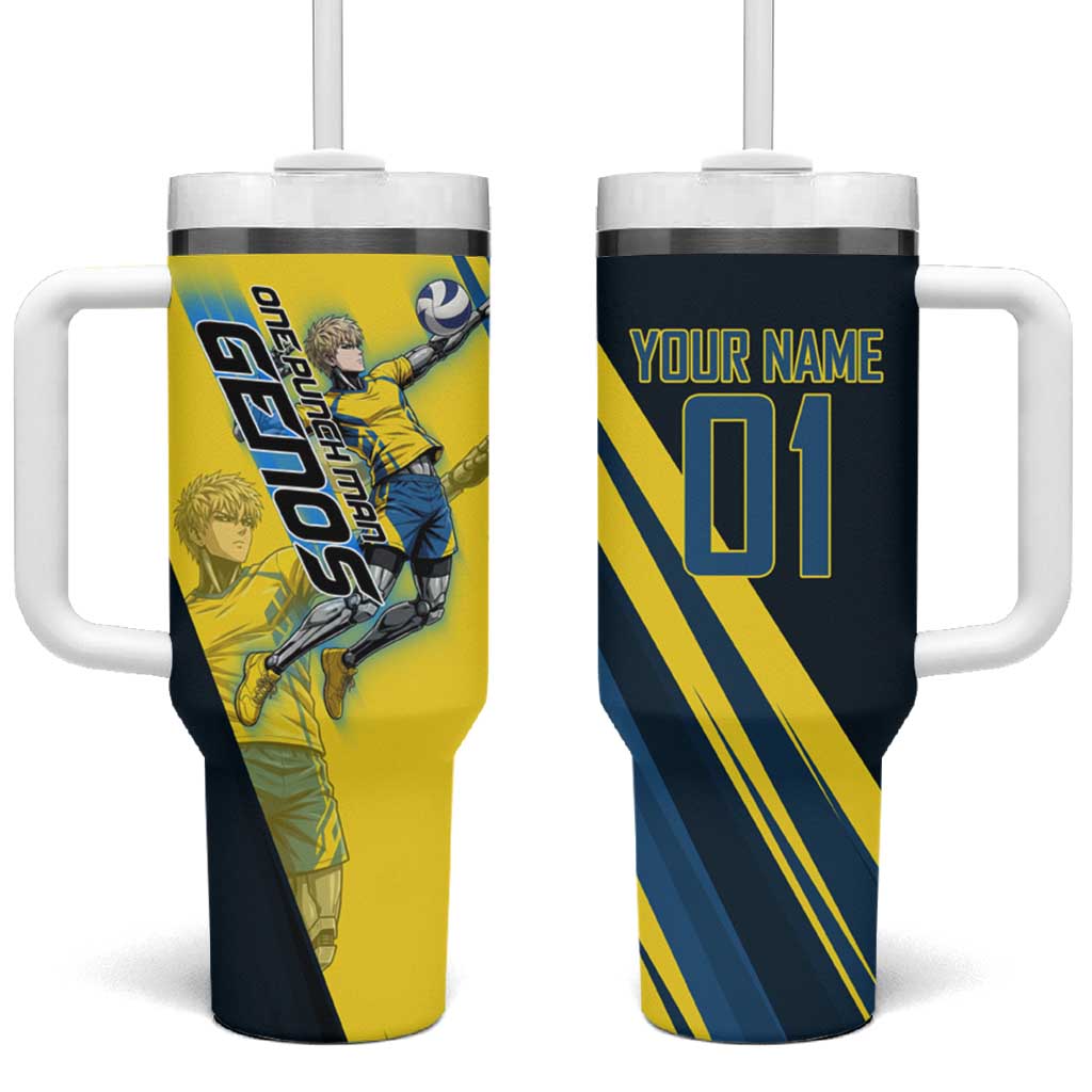 Personalized Genos Volleyball Design Tumbler With Handle with Yellow and Blue Athletic Theme and Dynamic Spike Pose