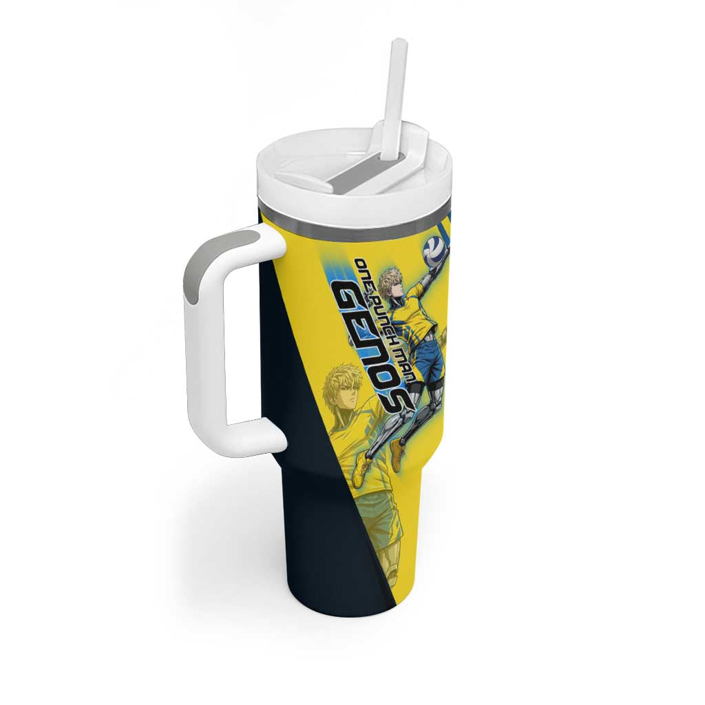 Personalized Genos Volleyball Design Tumbler With Handle with Yellow and Blue Athletic Theme and Dynamic Spike Pose