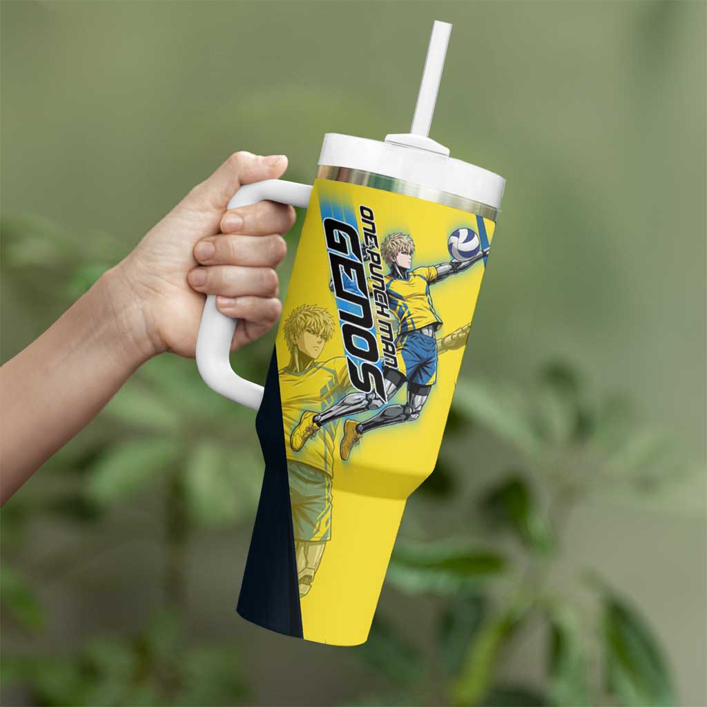 Personalized Genos Volleyball Design Tumbler With Handle with Yellow and Blue Athletic Theme and Dynamic Spike Pose