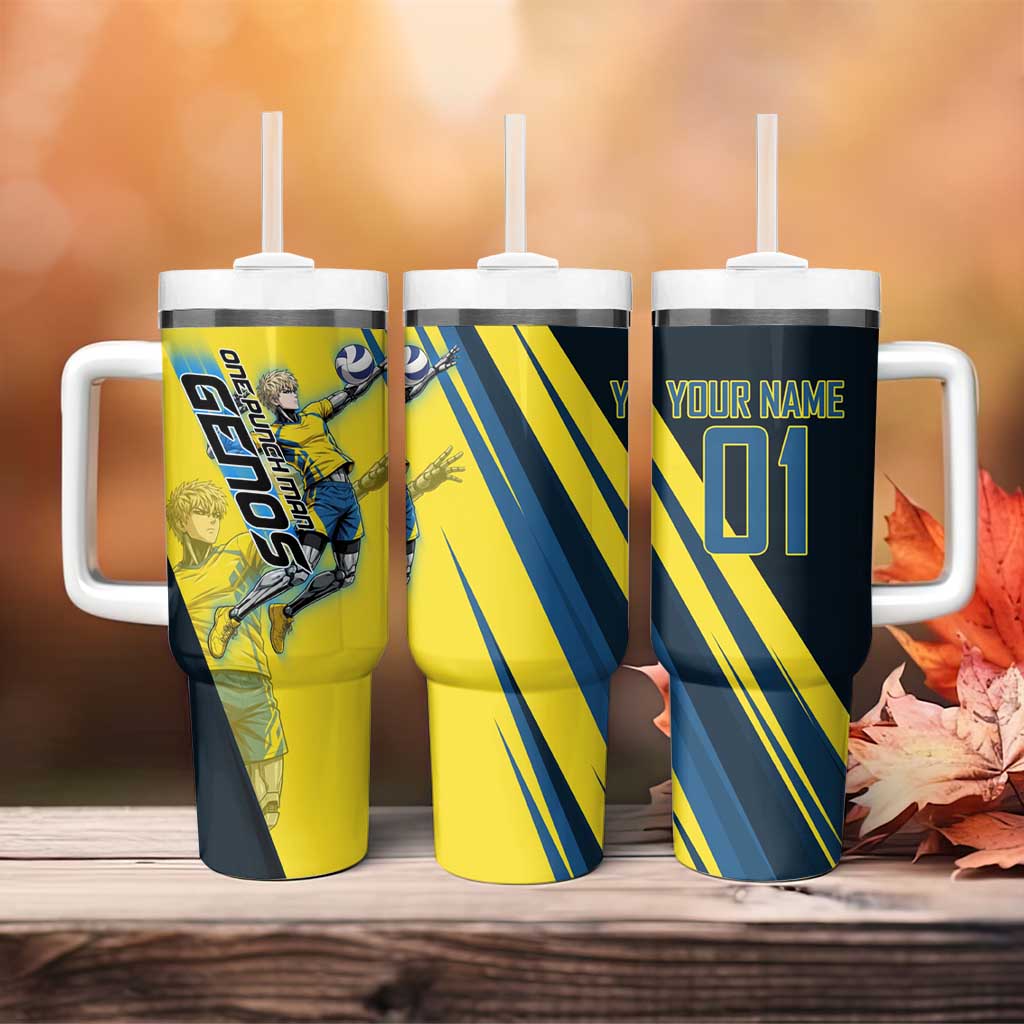 Personalized Genos Volleyball Design Tumbler With Handle with Yellow and Blue Athletic Theme and Dynamic Spike Pose