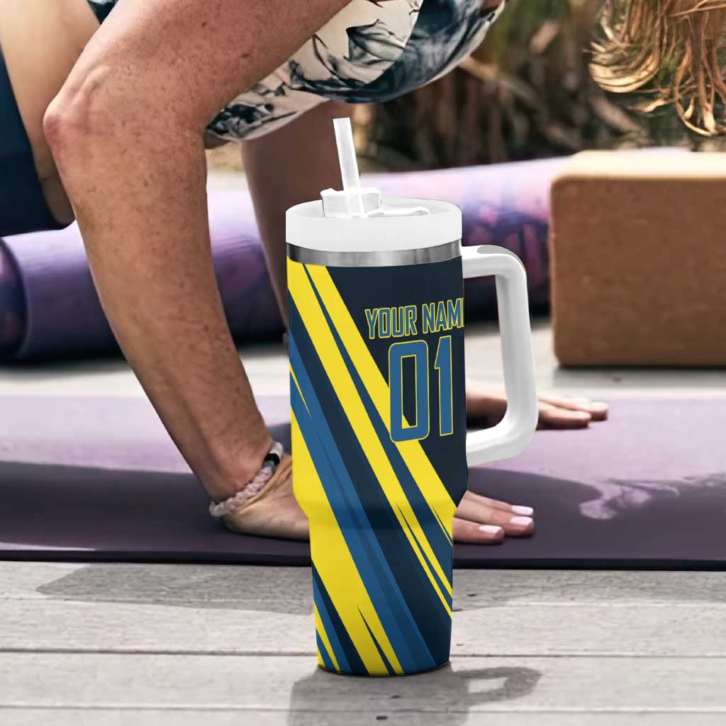 Personalized Genos Volleyball Design Tumbler With Handle with Yellow and Blue Athletic Theme and Dynamic Spike Pose