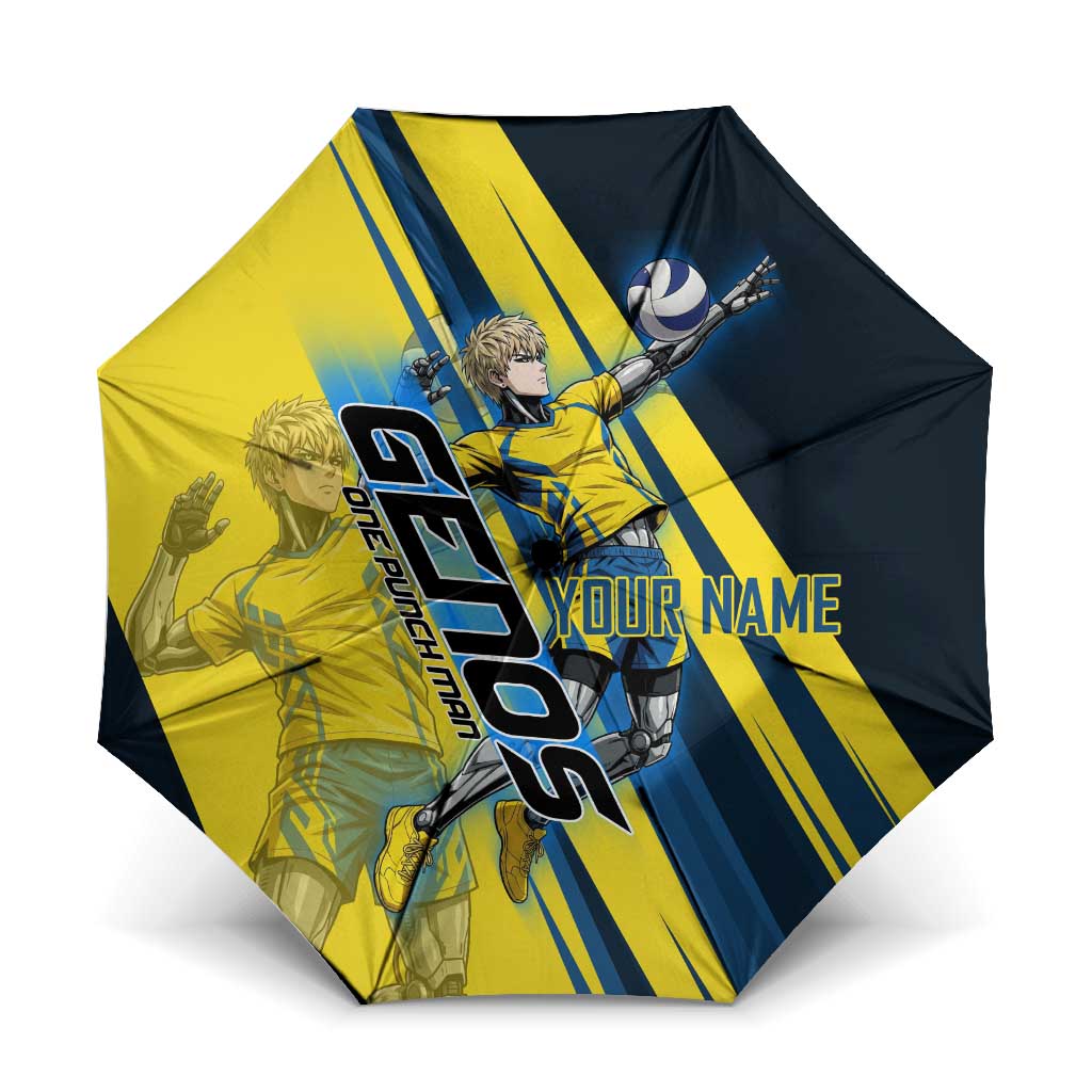 Personalized Genos Volleyball Design Umbrella with Yellow and Blue Athletic Theme and Dynamic Spike Pose