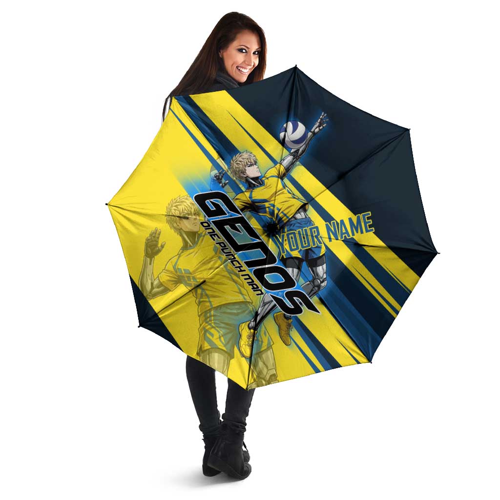 Personalized Genos Volleyball Design Umbrella with Yellow and Blue Athletic Theme and Dynamic Spike Pose