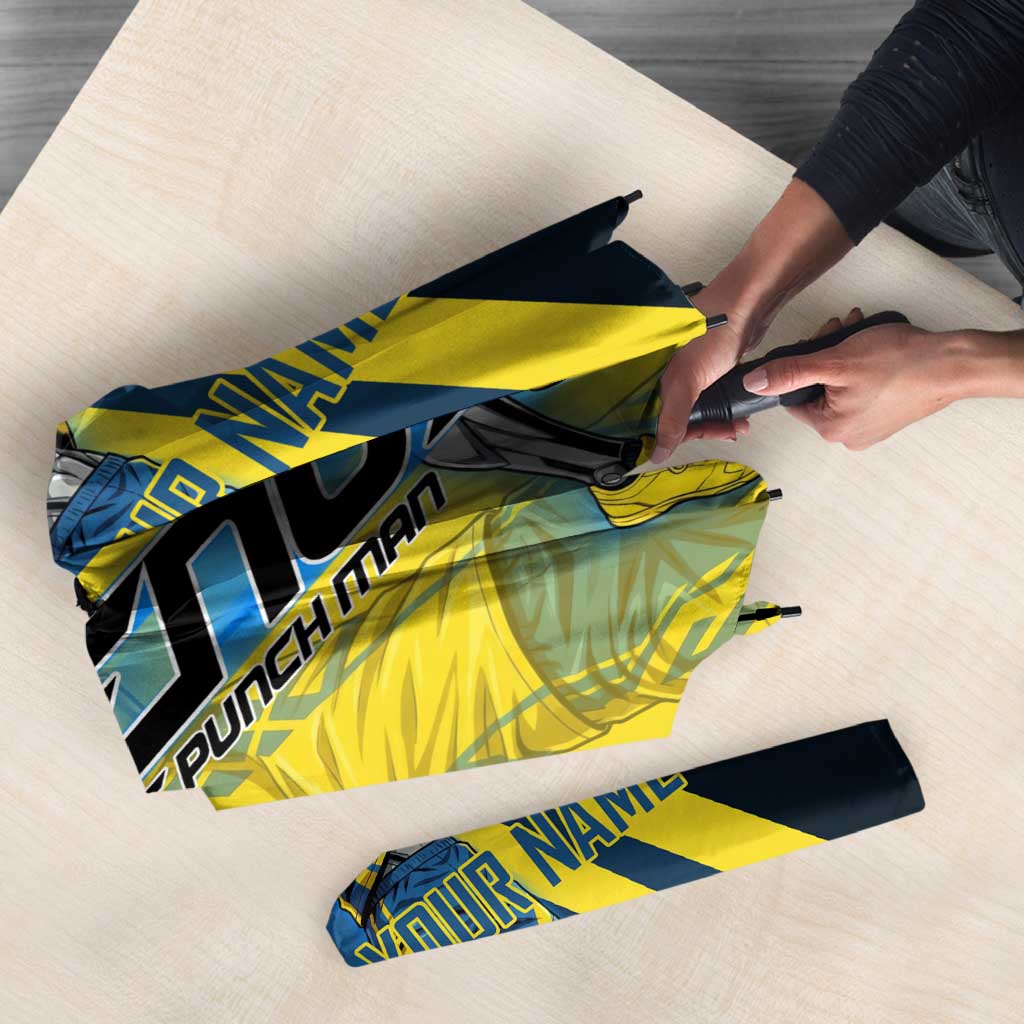 Personalized Genos Volleyball Design Umbrella with Yellow and Blue Athletic Theme and Dynamic Spike Pose